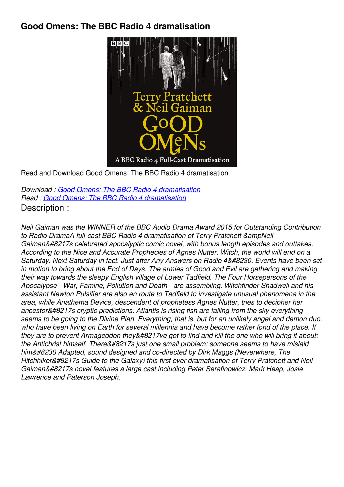 Read Download Good Omens The Bbc Radio 4 Dramatisation Bestseller Good Omens The Bbc Radio 8670