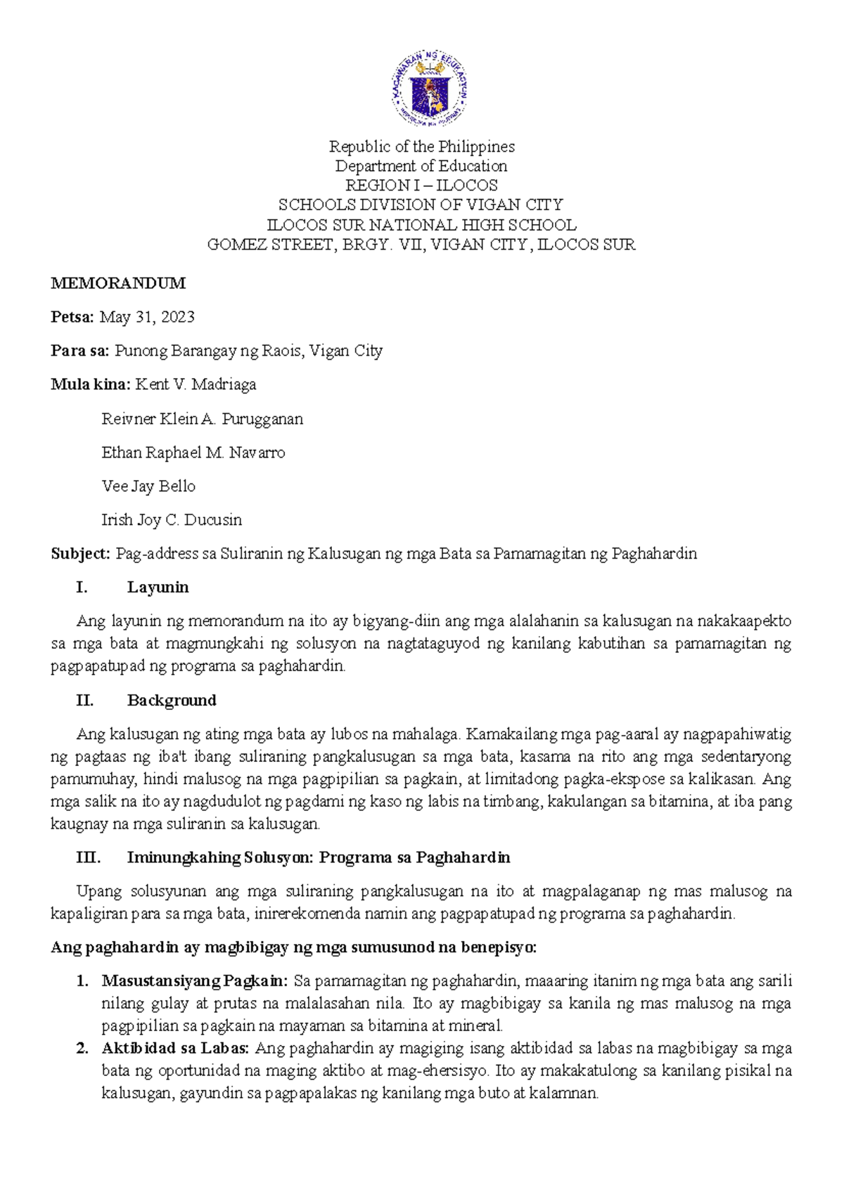Memorandum - Republic of the Philippines Department of Education REGION ...