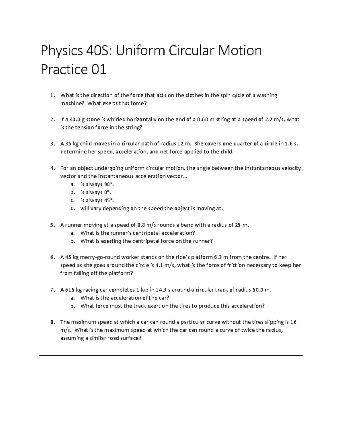 Practice 01 Circular Motion with answers - Physics 40S: Uniform ...