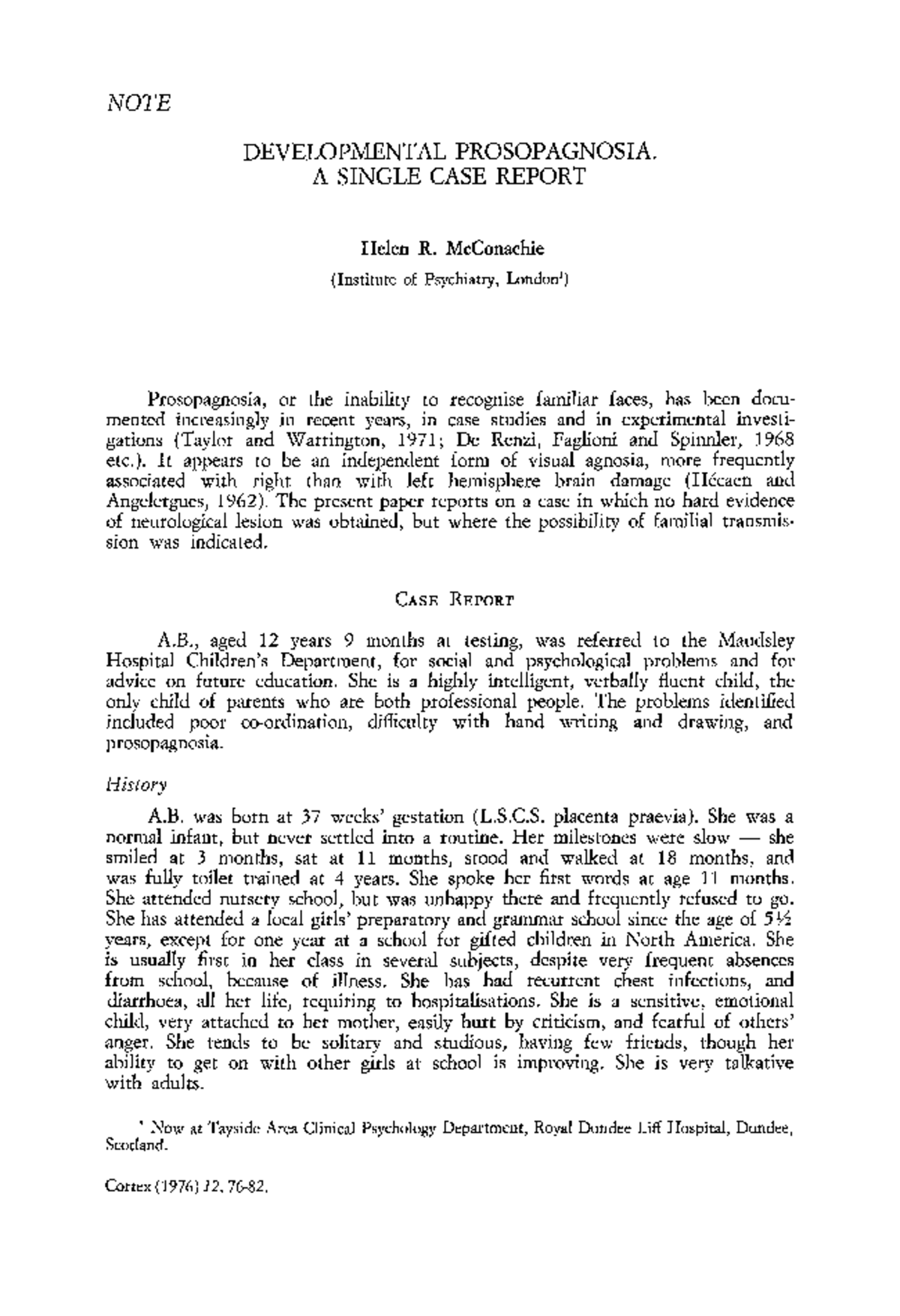 Article 1 Mc Conachie (1976) NOTE DEVELOPMENTAL PROSOPAGNOSIA. A