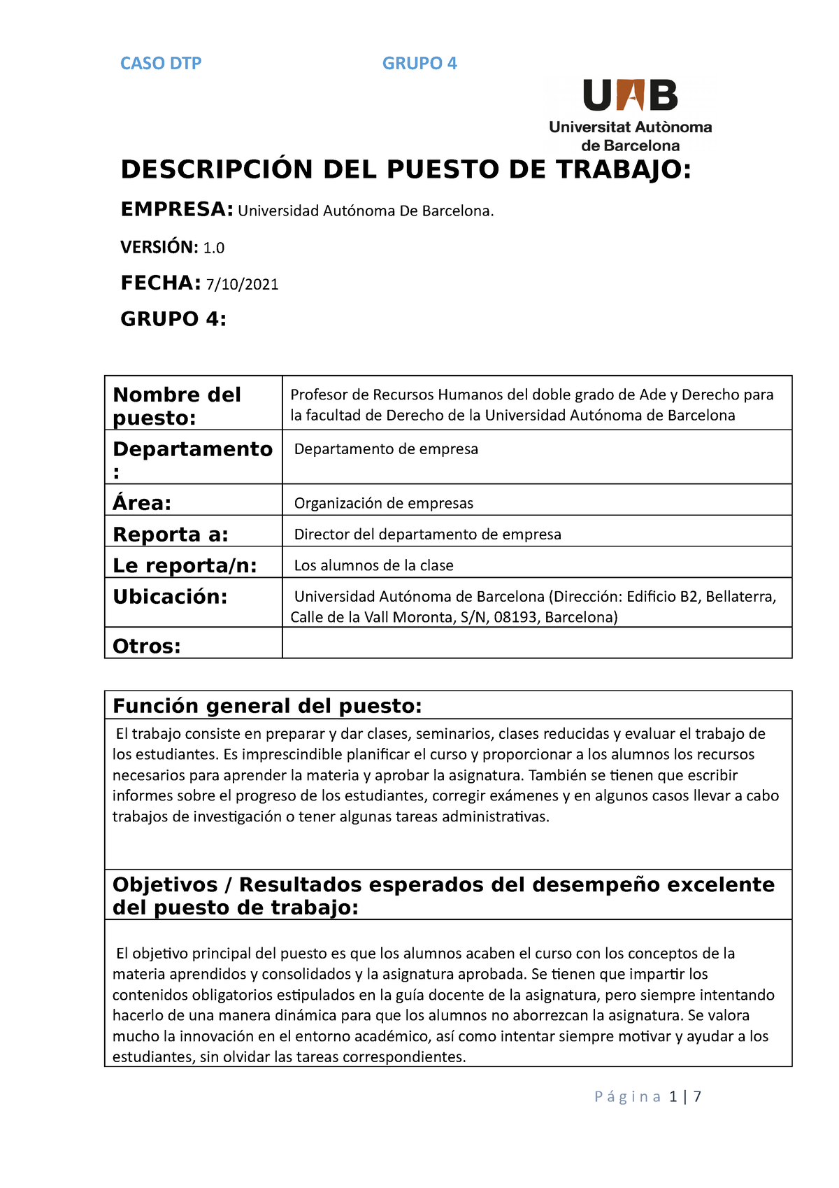 Grupo 4 Caso Dtp Rrhh Uab DescripciÓn Del Puesto De Trabajo Empresa Universidad Autónoma De