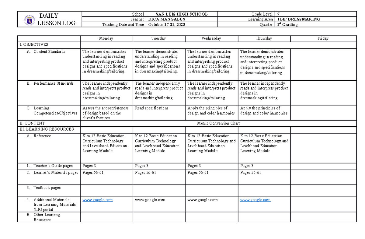 DLL Dressmaking WEEK 7 - DAILY LESSON LOG School SAN LUIS HIGH SCHOOL ...