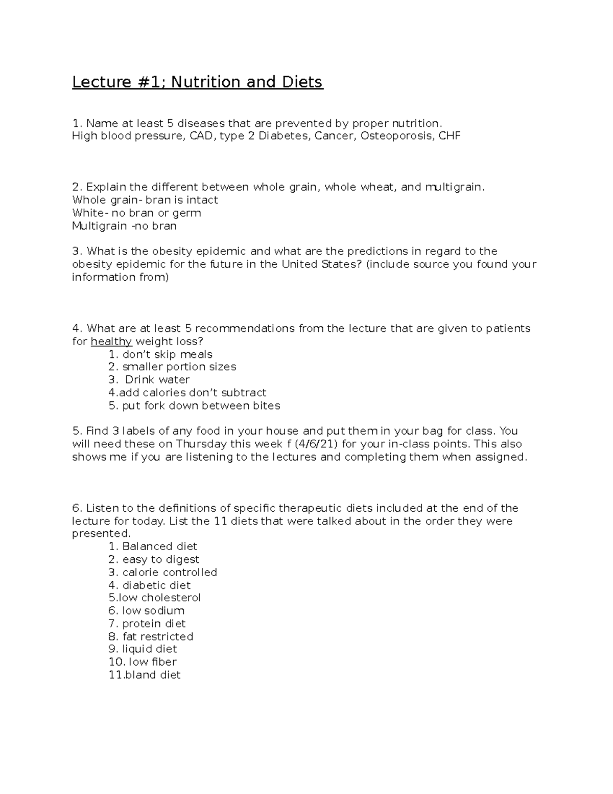 Week 1 Explore Health Career Assignment - Lecture #1; Nutrition and ...