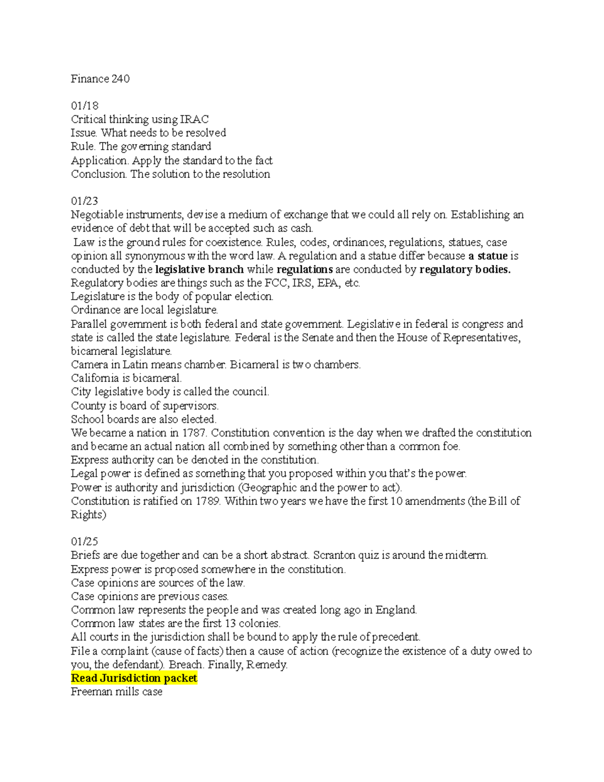 Finance 240 Lecture notes from the first 2 weeks of class. Don