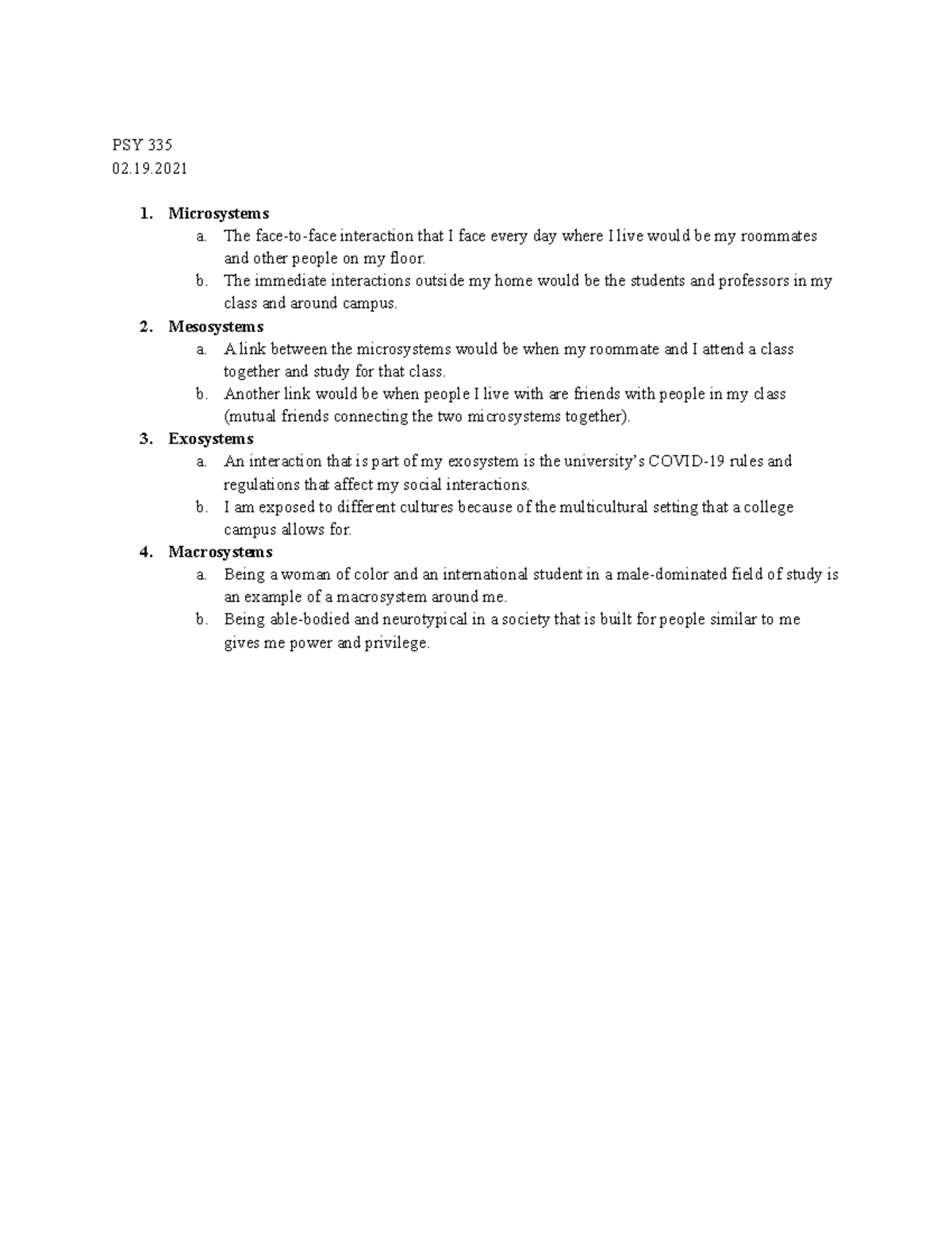 Psy 335 assignment 2 - PSY 335 02. 1. Microsystems a. The face-to-face ...