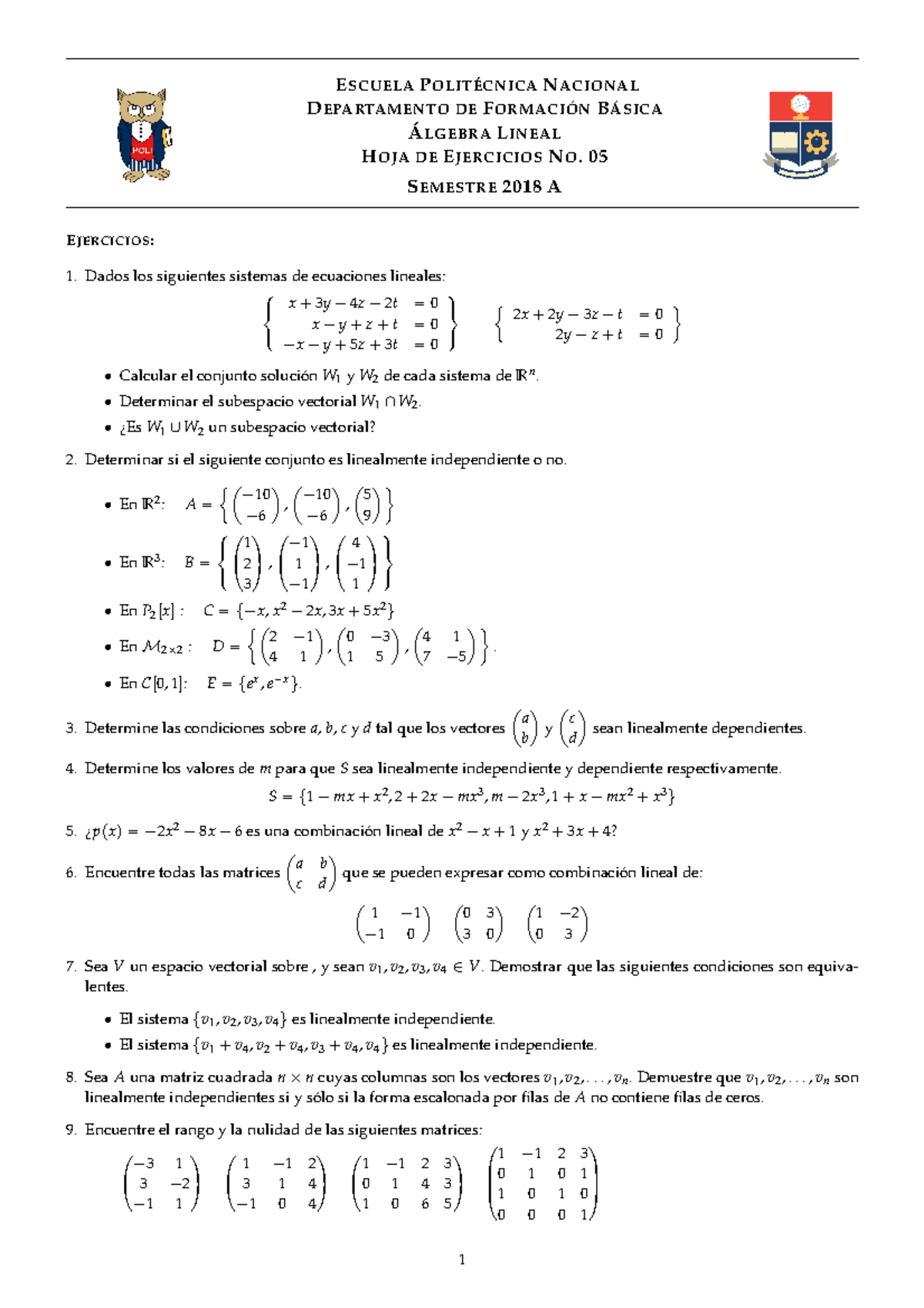 Ejercicios Espacios Y Sub Espacios Vectoriales - E SCUELA P N ACIONAL D ...