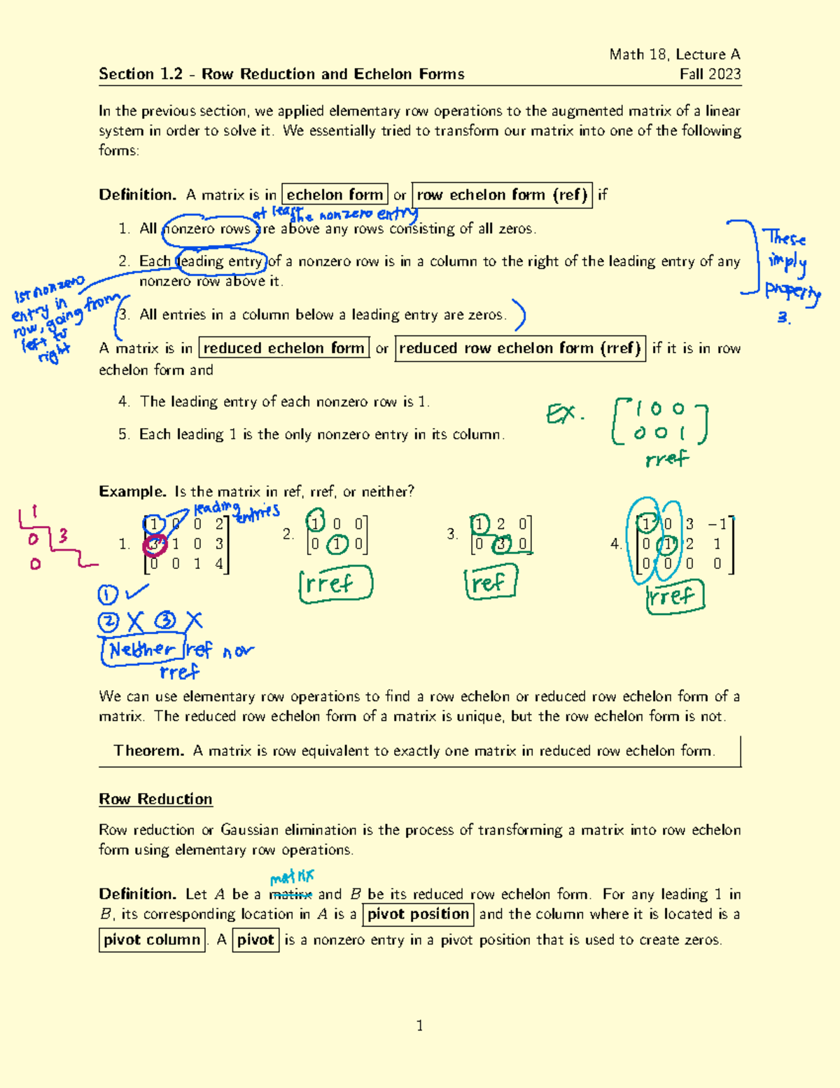 Section 1 - notes2 - Section 1 - Row Reduction and Echelon Forms Fall ...