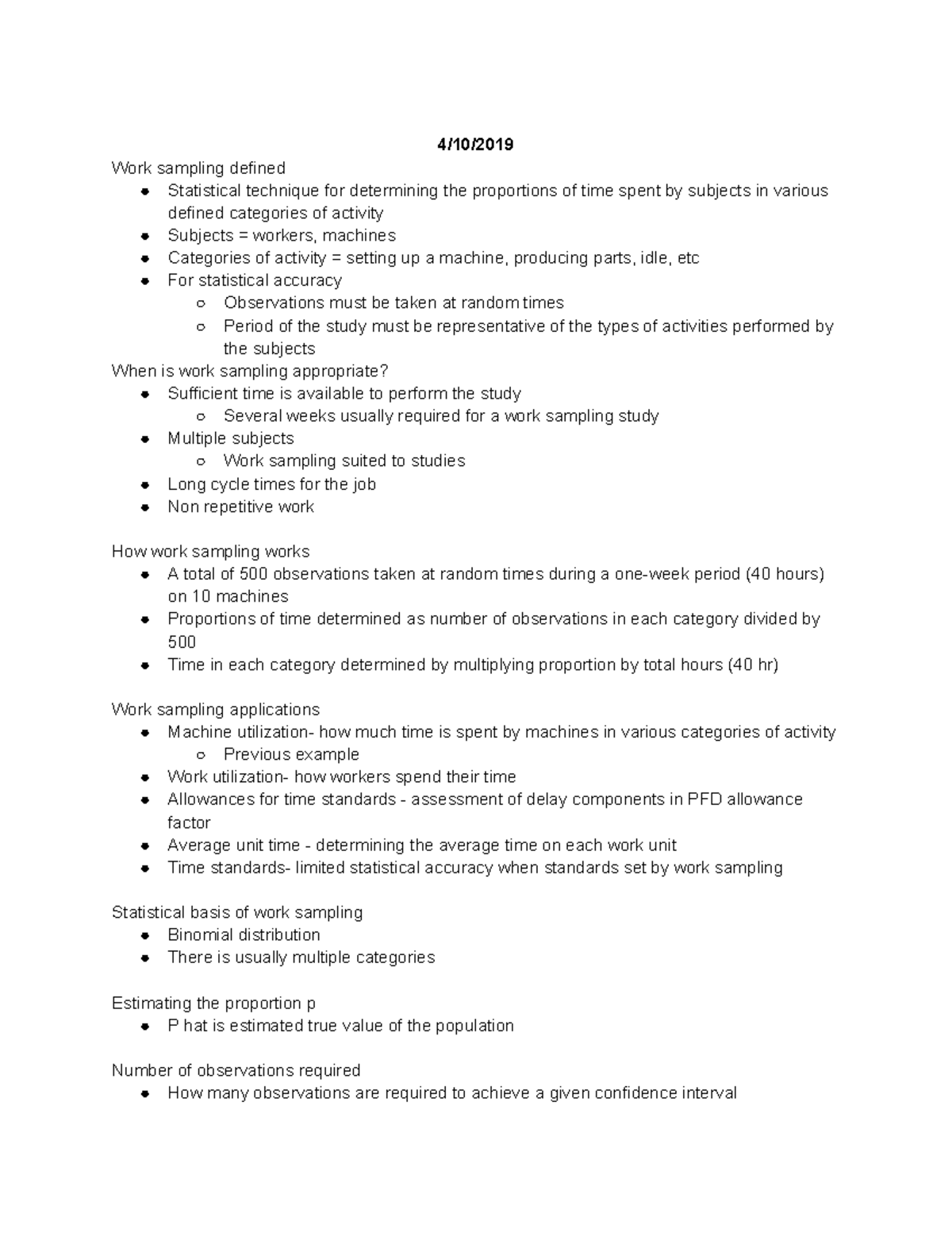 Class 19 Lecture Notes 19 4 10 Work Sampling Defined Statistical
