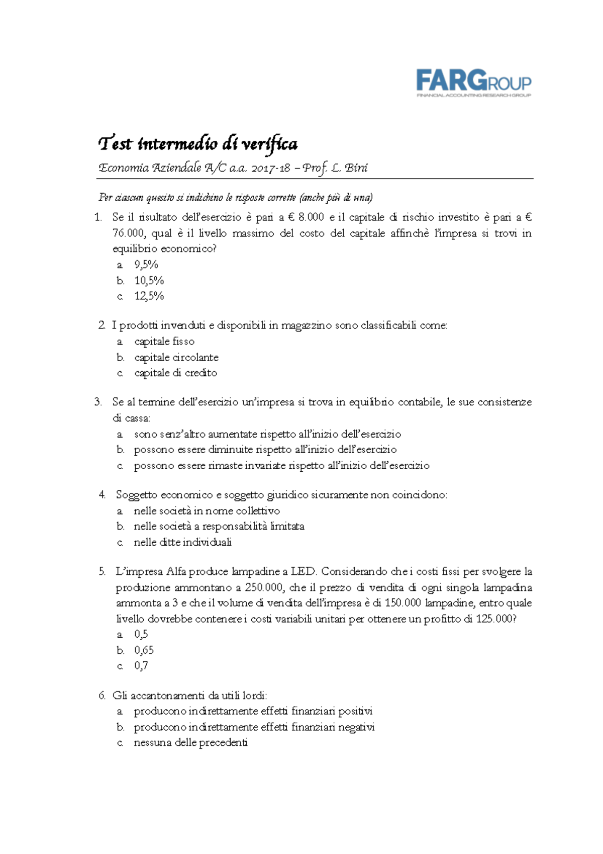 Esempio/prova d'esame, domande Test intermedio di verifica Economia