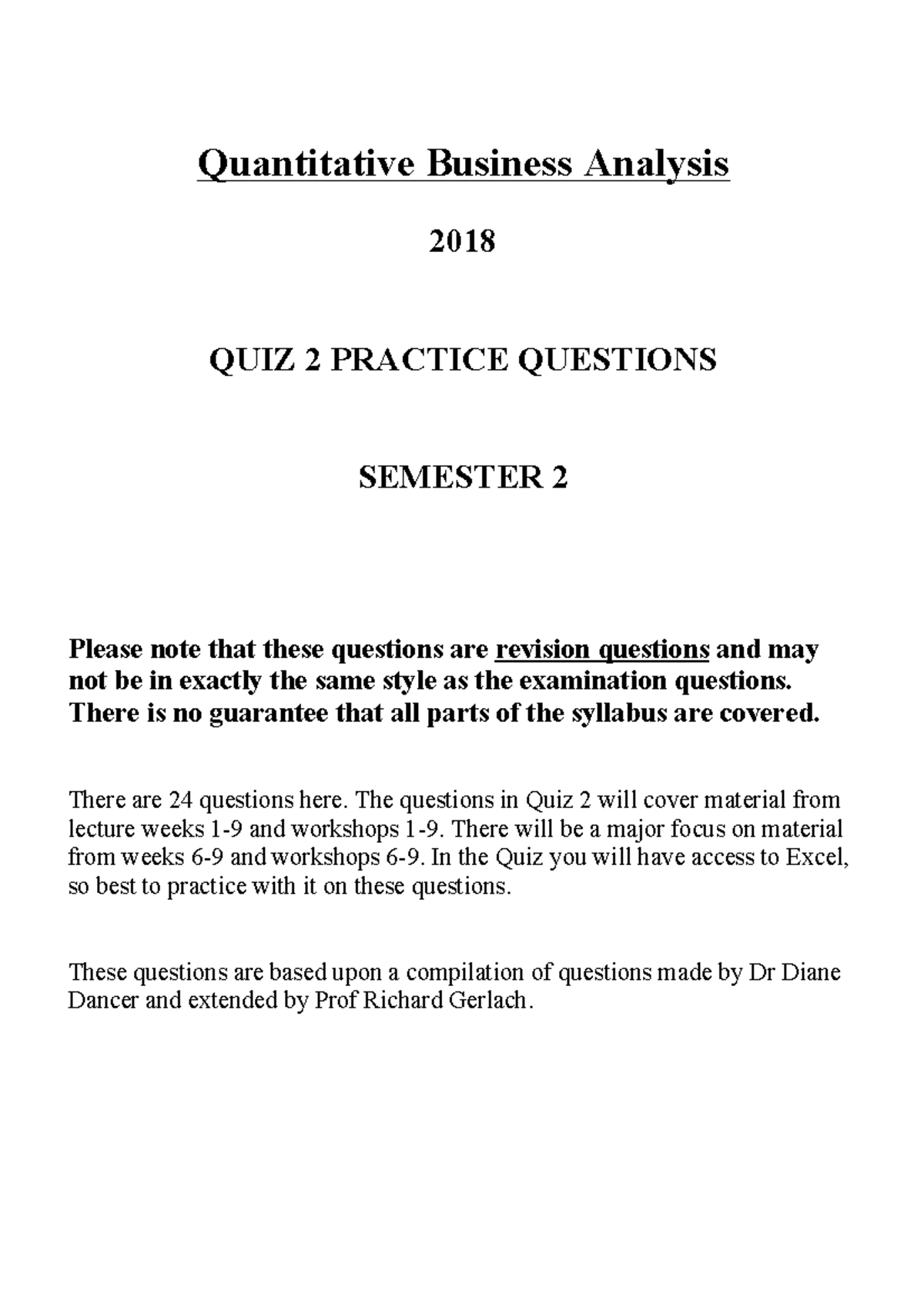 Quiz 2019, answers - Quantitative Business Analysis 2018 QUIZ 2 ...