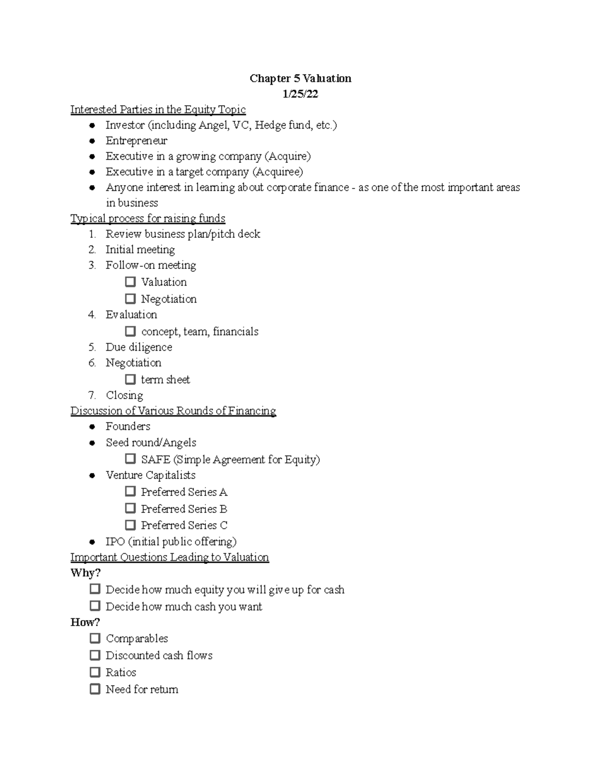 Valuation notes - Chapter 5 Valuation 1/25/ Interested Parties in the ...
