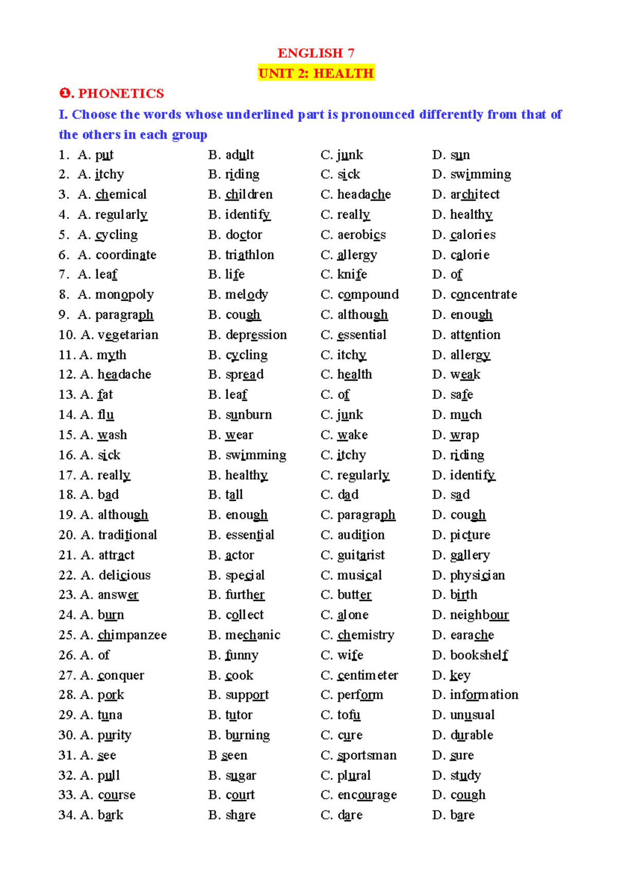 Bai tap unit 2 - nothing - ENGLISH 7 UNIT 2: HEALTH . PHONETICS I ...
