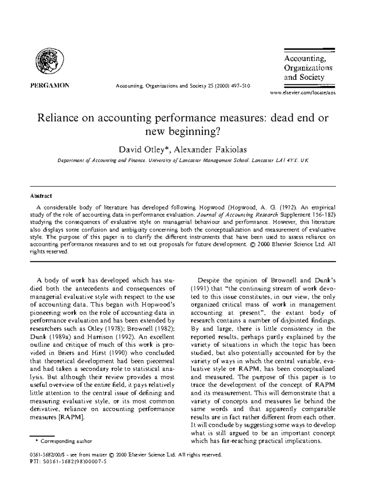 Accounting Organizations And Society 1. Otley (2000 ) - Accounting, Organizations and Society 25 (2000) 497±