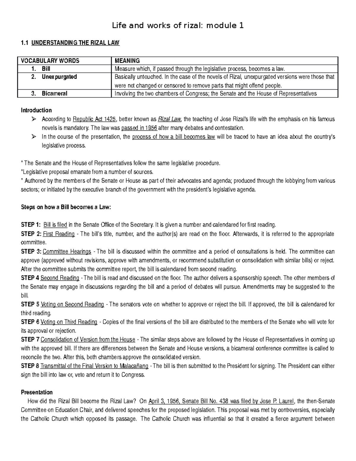 Rizal Module 1 - Lecture notes 1 - 1 THE RIZAL LAW VOCABULARY WORDS ...