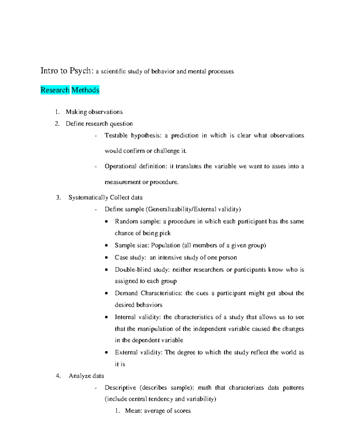 Final study guide- Psych 001 - Intro to Psych: a scientific study of ...