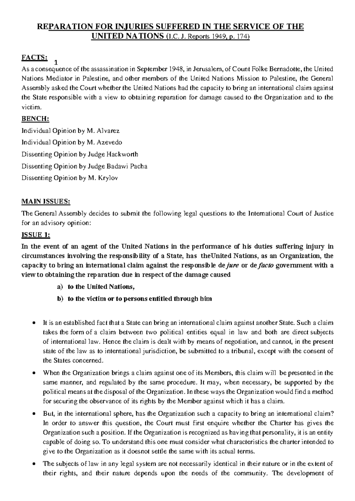 Reparation FOR Injuries Suffered IN THE Service OF THE United Nations ...