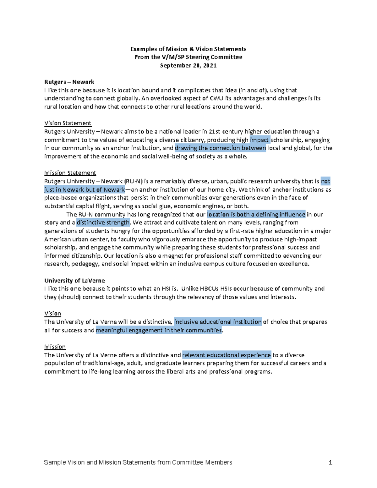 Cwu mission vision steer comm meeting vm examples from committee ...