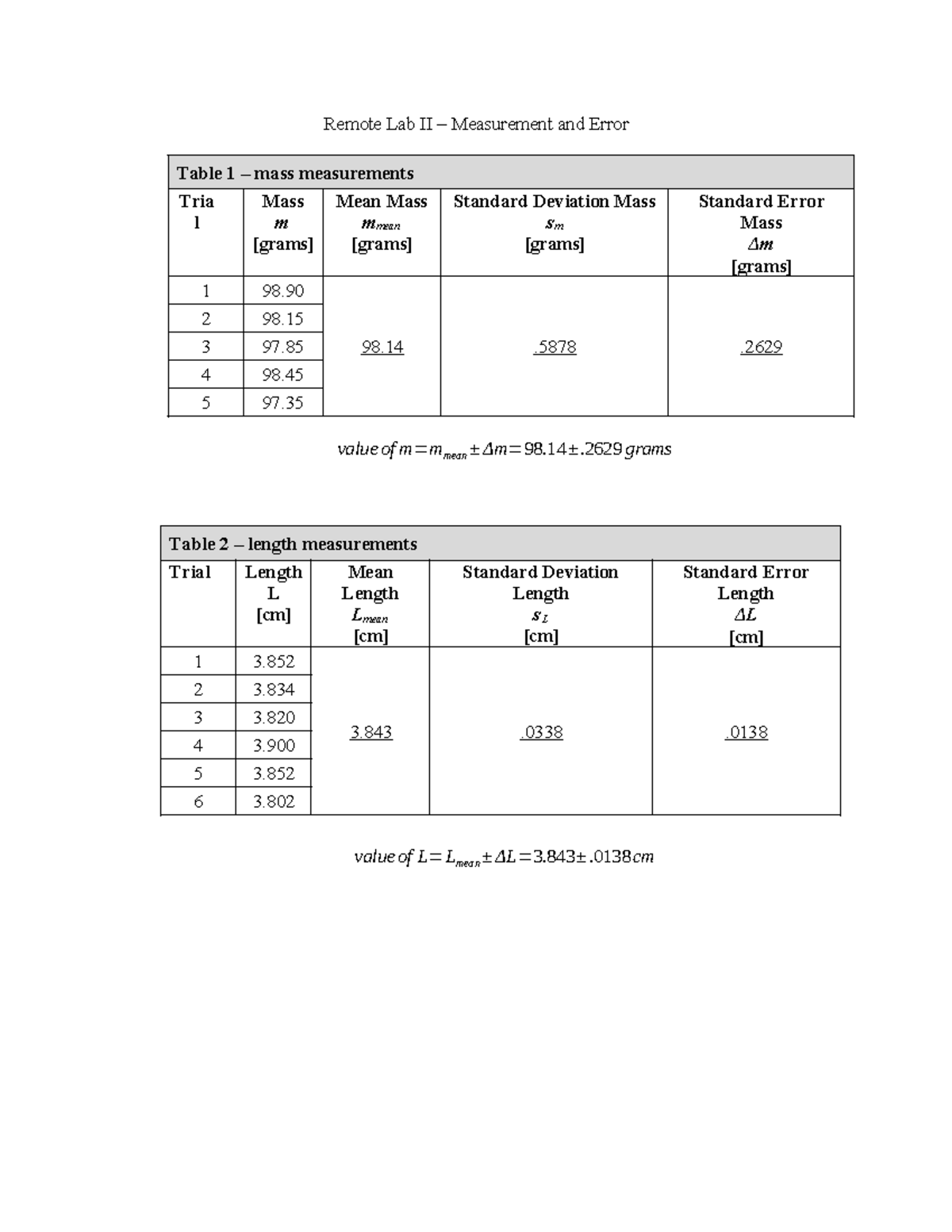 Remote Lab II - Summary College Physics I - Remote Lab II – Measurement ...