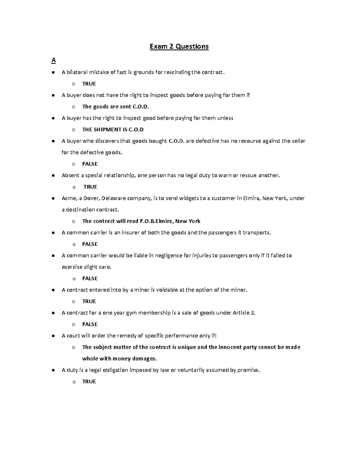 BUL Exam 2 - BUL 3310 Study guide - Exam 2 Questions A A bilateral ...