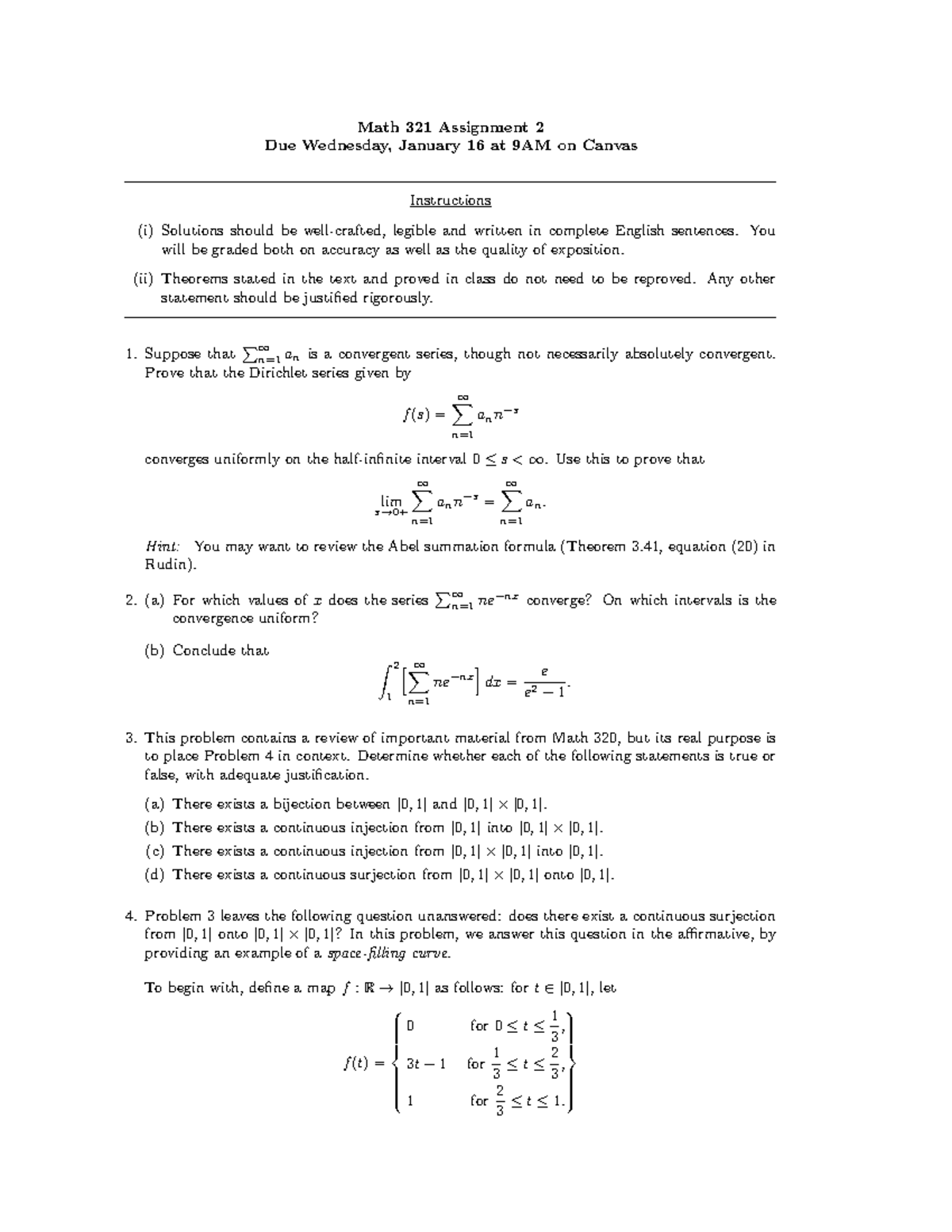 Homework 2 for real analysis practice - Math 321 Assignment 2 Due ...