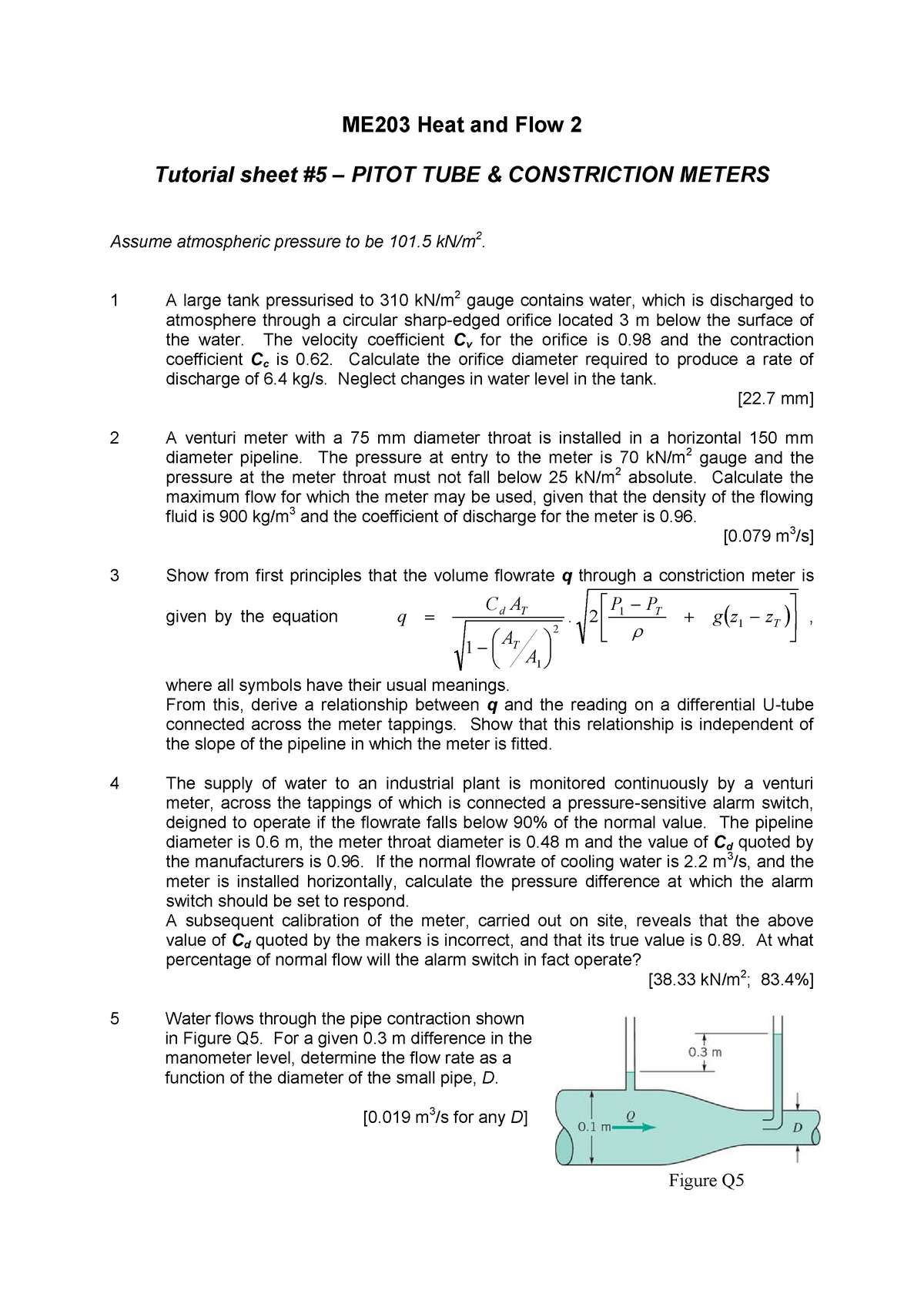 ME203tut5-corrected - ME203 Heat And Flow 2 Tutorial Sheet #5 – PITOT ...