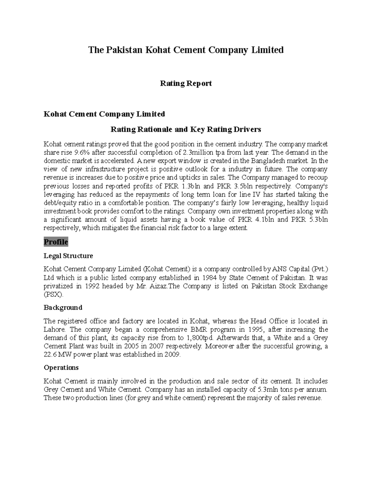 KCCL Pacra The Pakistan Kohat Cement Company Limited Rating Report