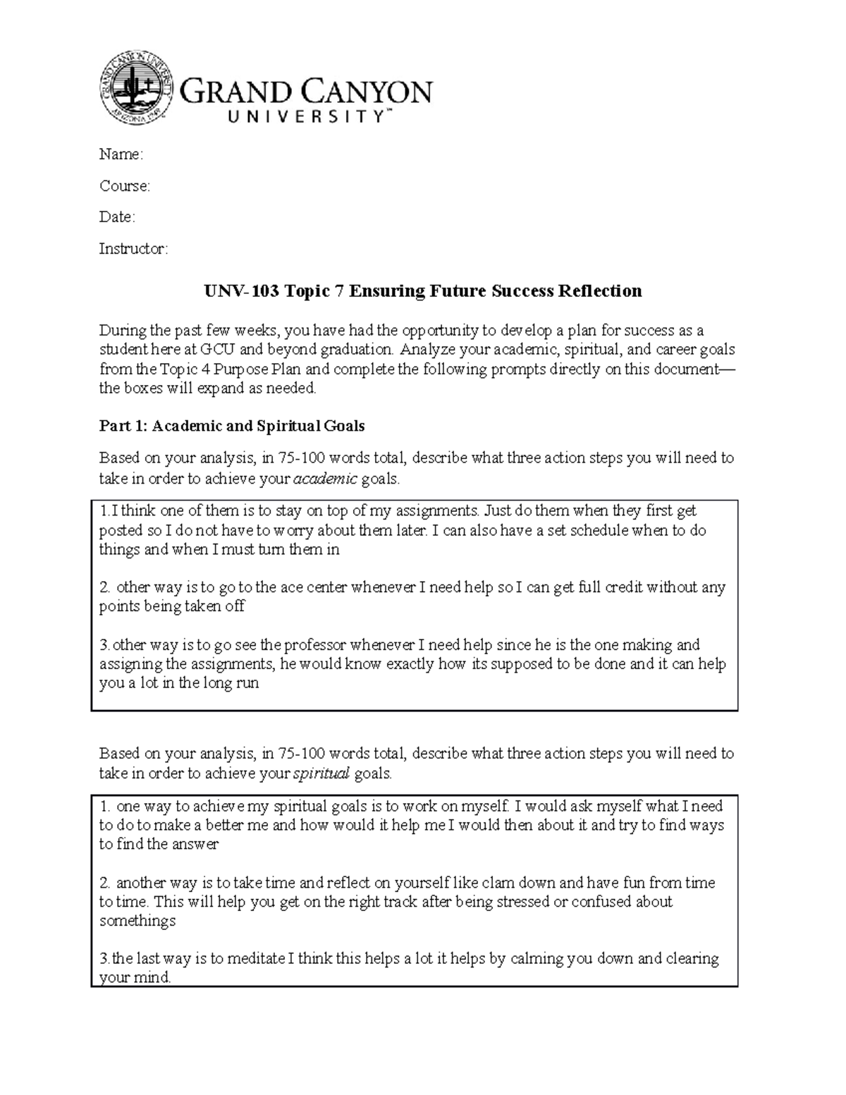 Unv 103 Rs T7 Reflection Trad Name Course Date Instructor Unv 103