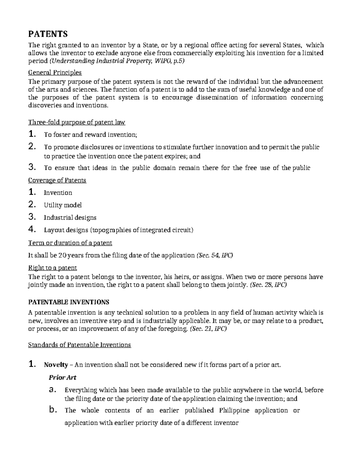 Intellectual Property Law- Patent - PATENTS The right granted to an ...