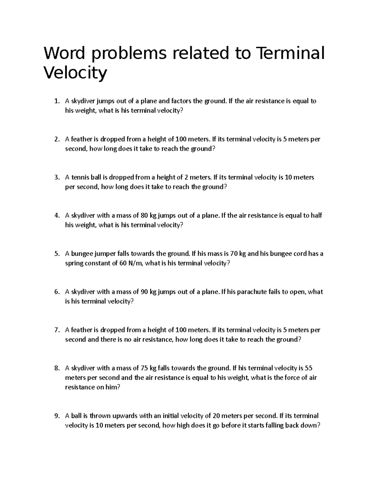 velocity word problems assignment