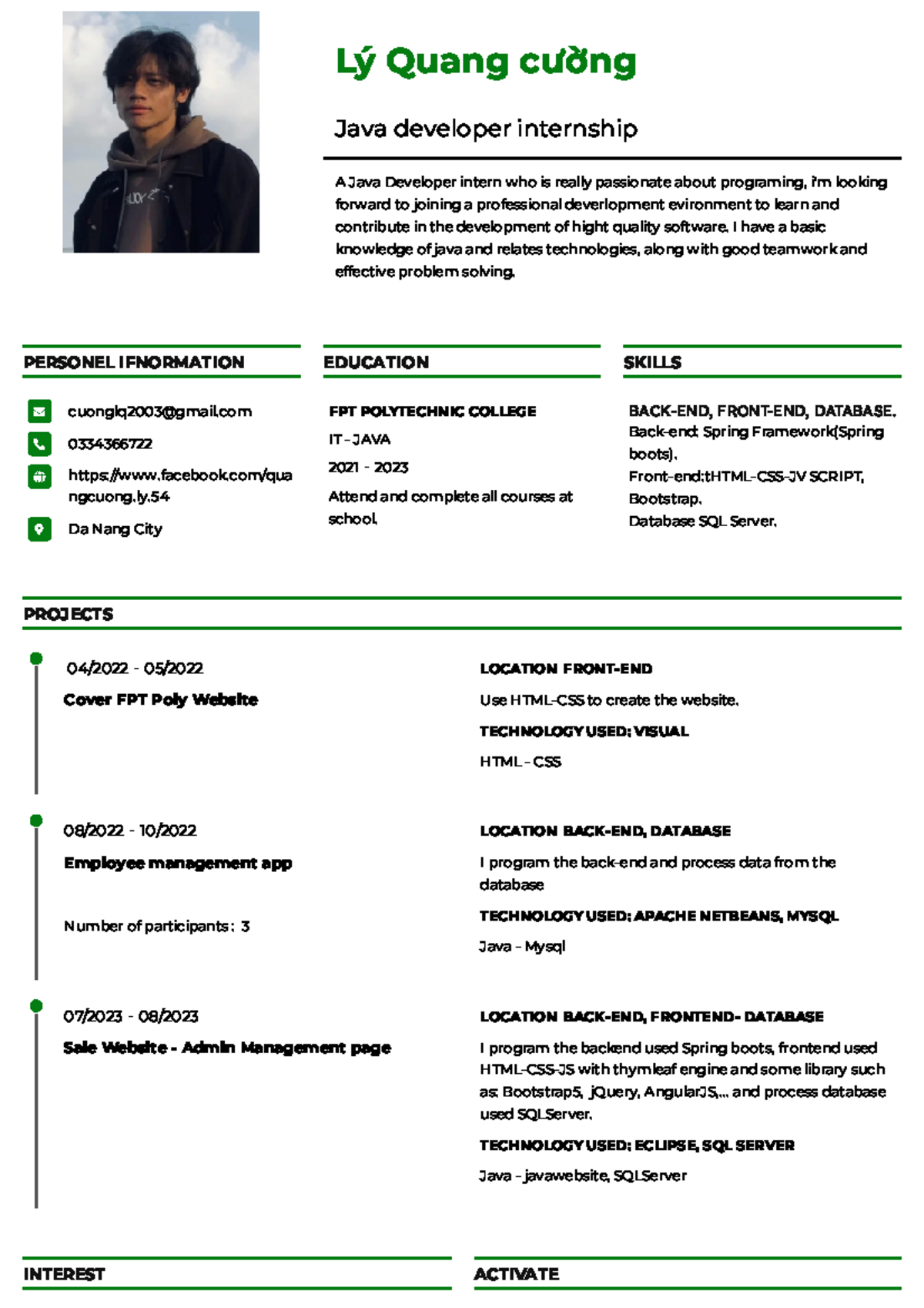 Cv Intern Lý Quang Cường - Lý Quang cường Java developer internship A ...