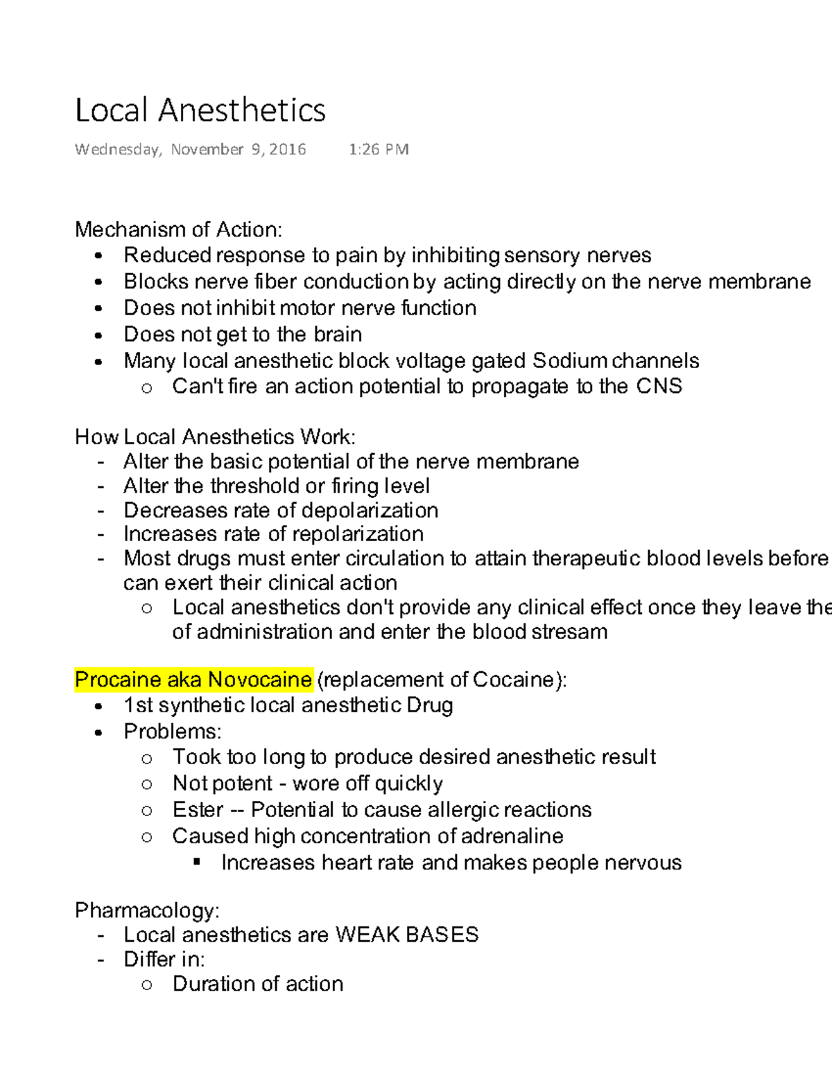 BIO 493 Local Anesthetics Local Anesthetics Wednesday, November 9