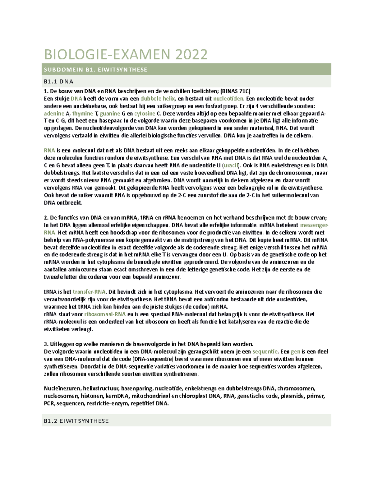 Biologie-examen 2022 - BIOLOGIE-EXAMEN 2022 SUBDOMEIN B1. EIWITSYNTHESE ...