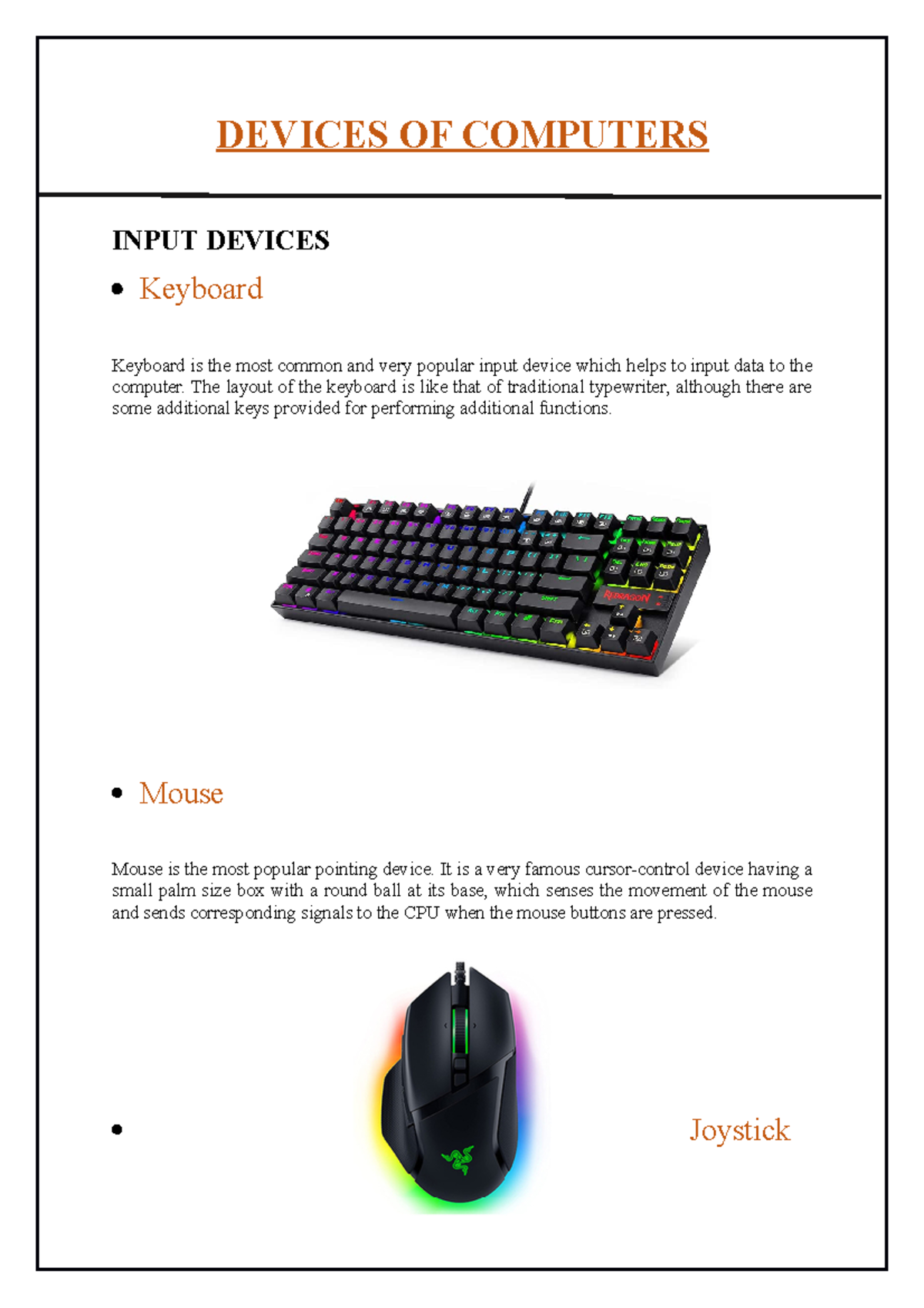 Devices OF Computers Input - DEVICES OF COMPUTERS INPUT DEVICES ...