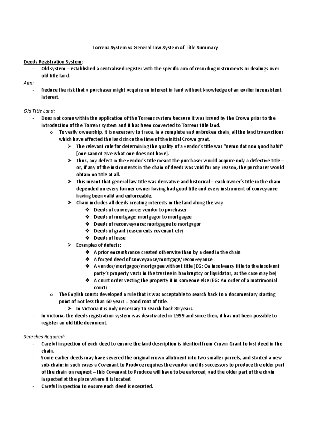 Torrens System Property Law material Torrens System vs General Law