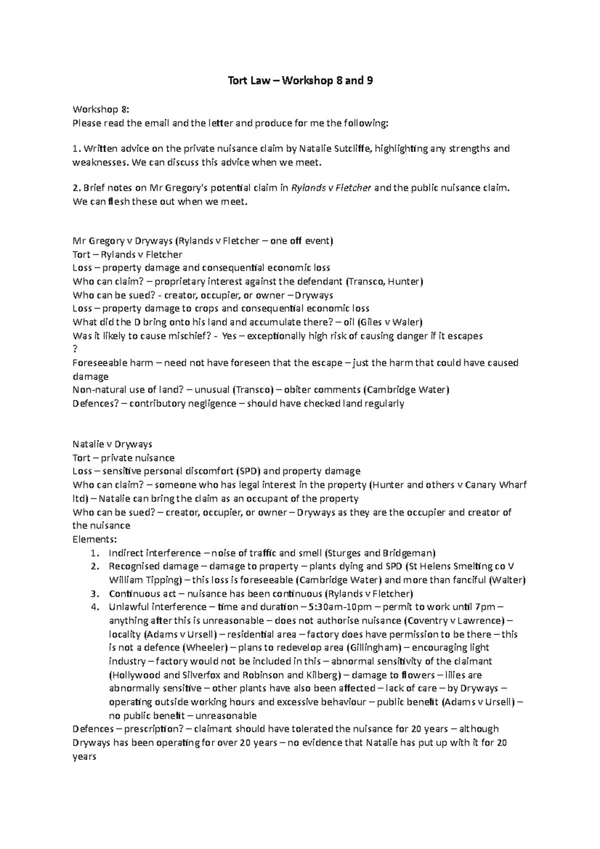 Tort Law - Workshop 8 and 9 - Tort Law – Workshop 8 and 9 Workshop 8 ...