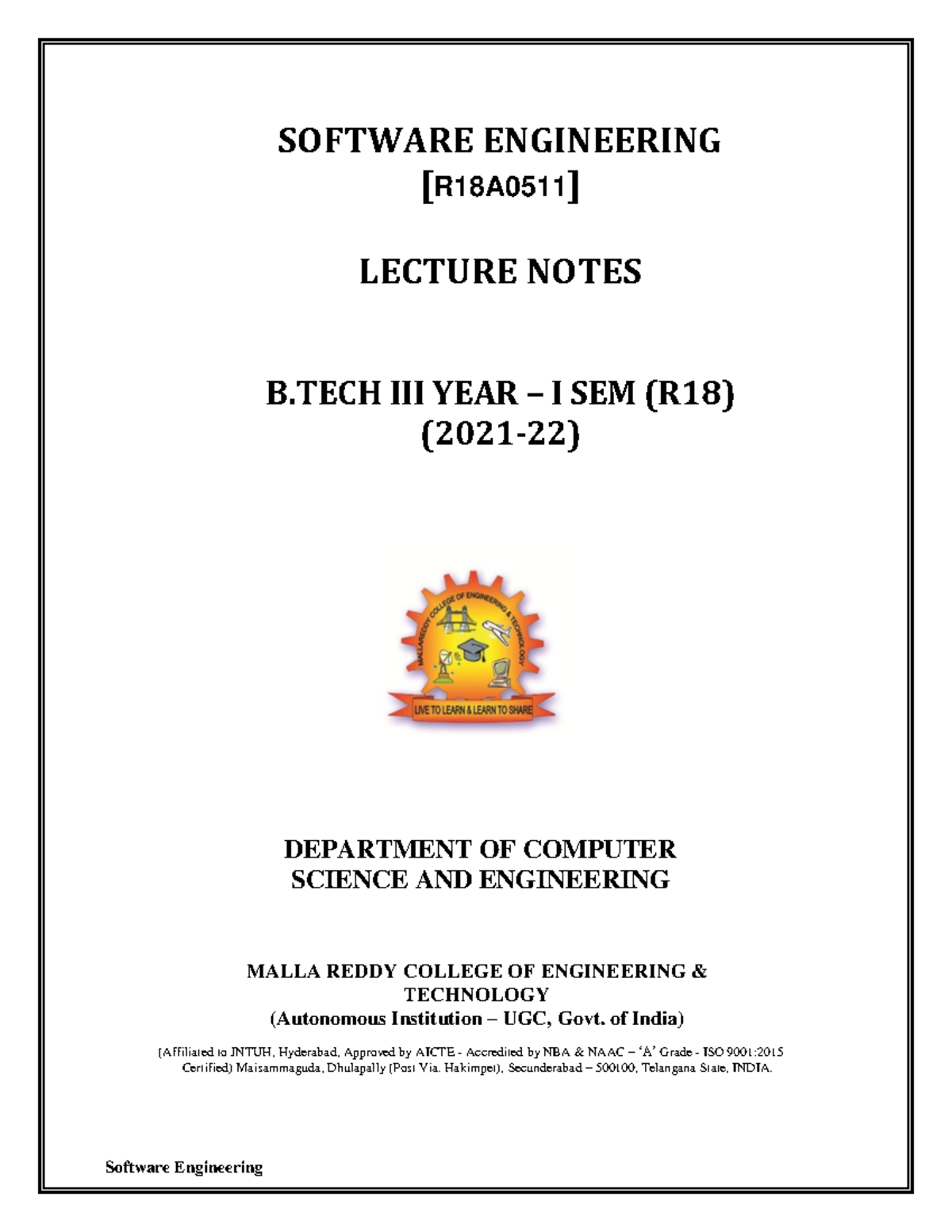 Software Engineering - Lecture Notes - SOFTWARE ENGINEERING [R18A0511 ...