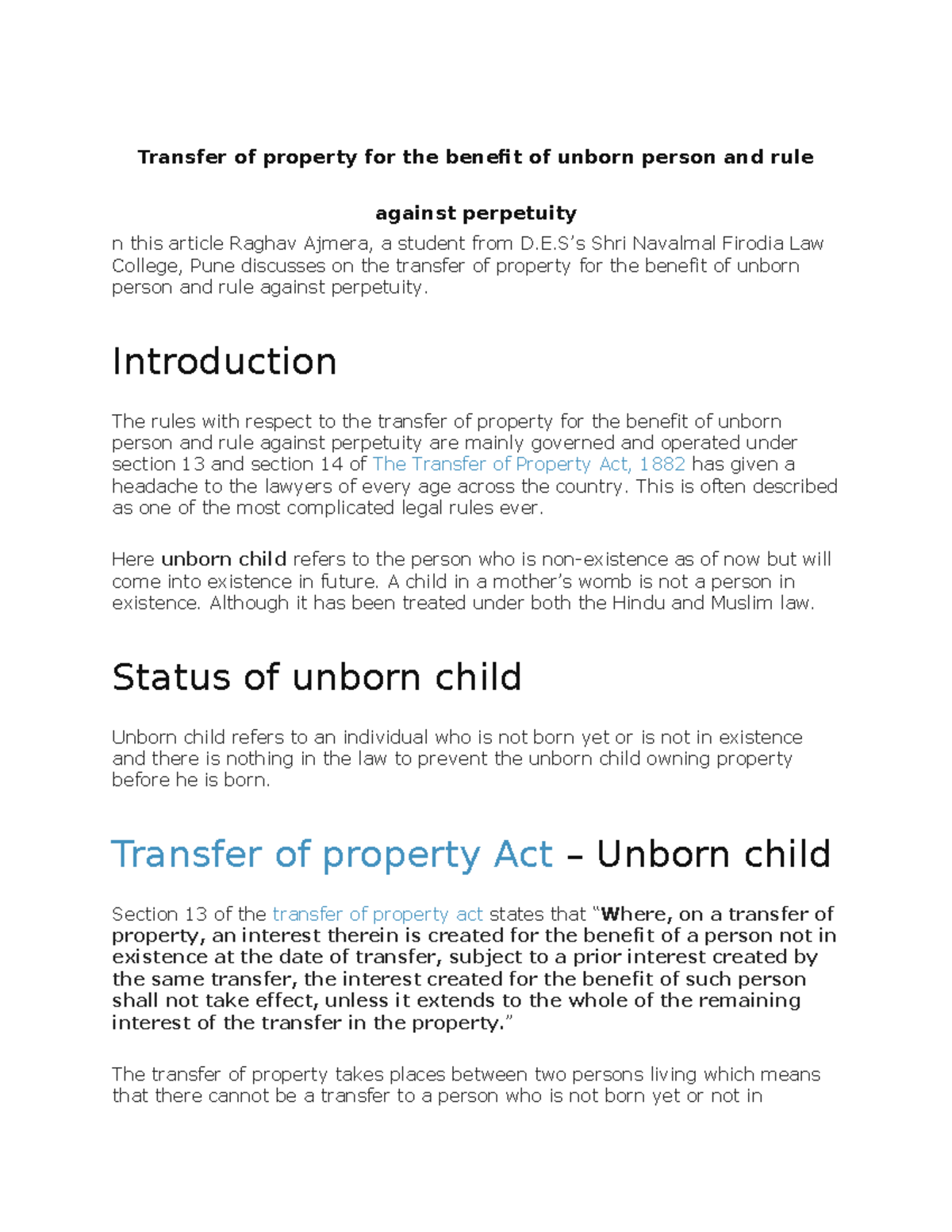 Transfer of property for the benefit of unborn person and rule against