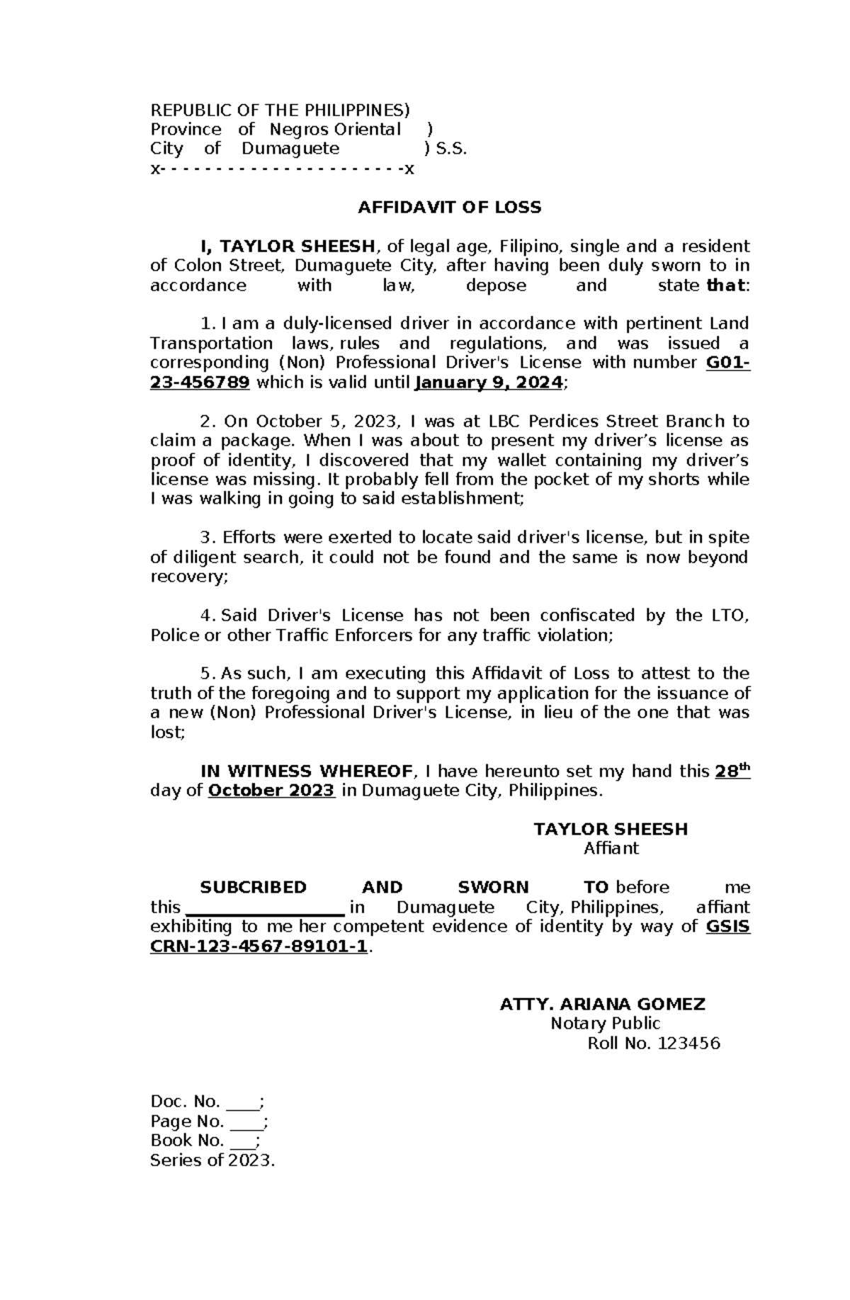 Affidavit of loss sample - REPUBLIC OF THE PHILIPPINES) Province of ...