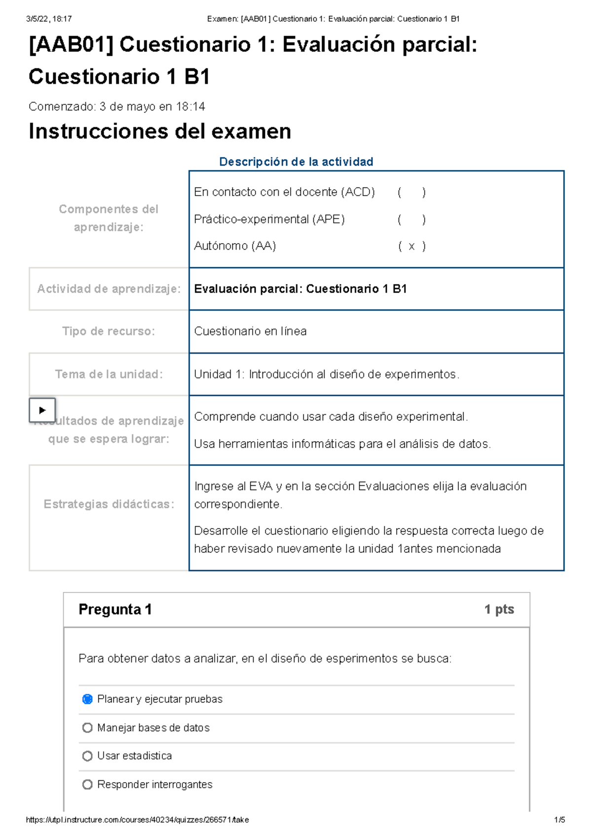 Examen [AAB01] Cuestionario 1 Evaluación Parcial Cuestionario 1 B1 ...