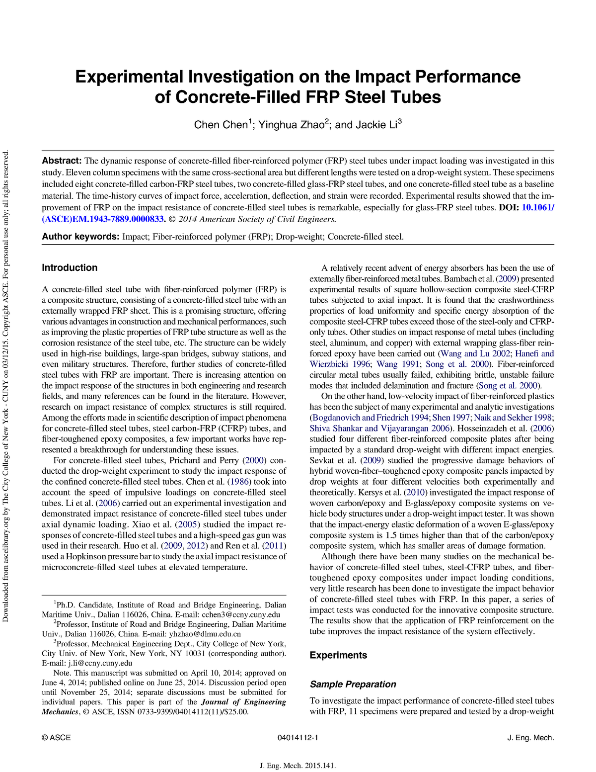 ASCE-JEM2015 - Numerical Methods - Experimental Investigation On The ...