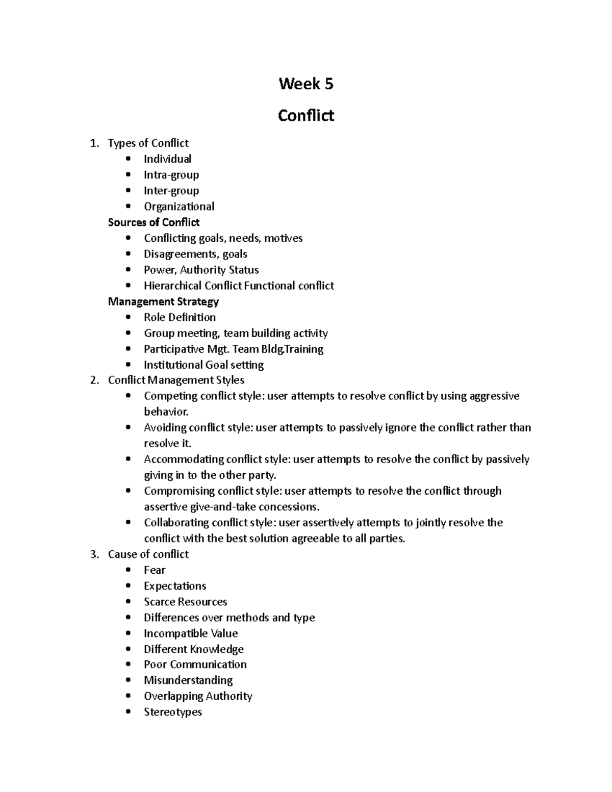 Week 5 - Revision week - Week 5 Conflict Types of Conflict Individual ...