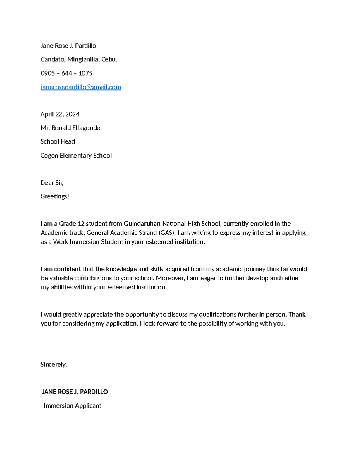 Janerose WORK Immersion Application Letter - Jane Rose J. Pardillo ...