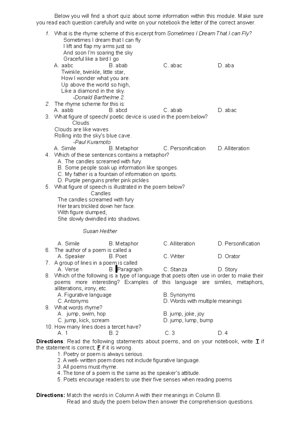 English 6 Q1 Mod1 Poems and Literary devices version 3 - Below you will ...