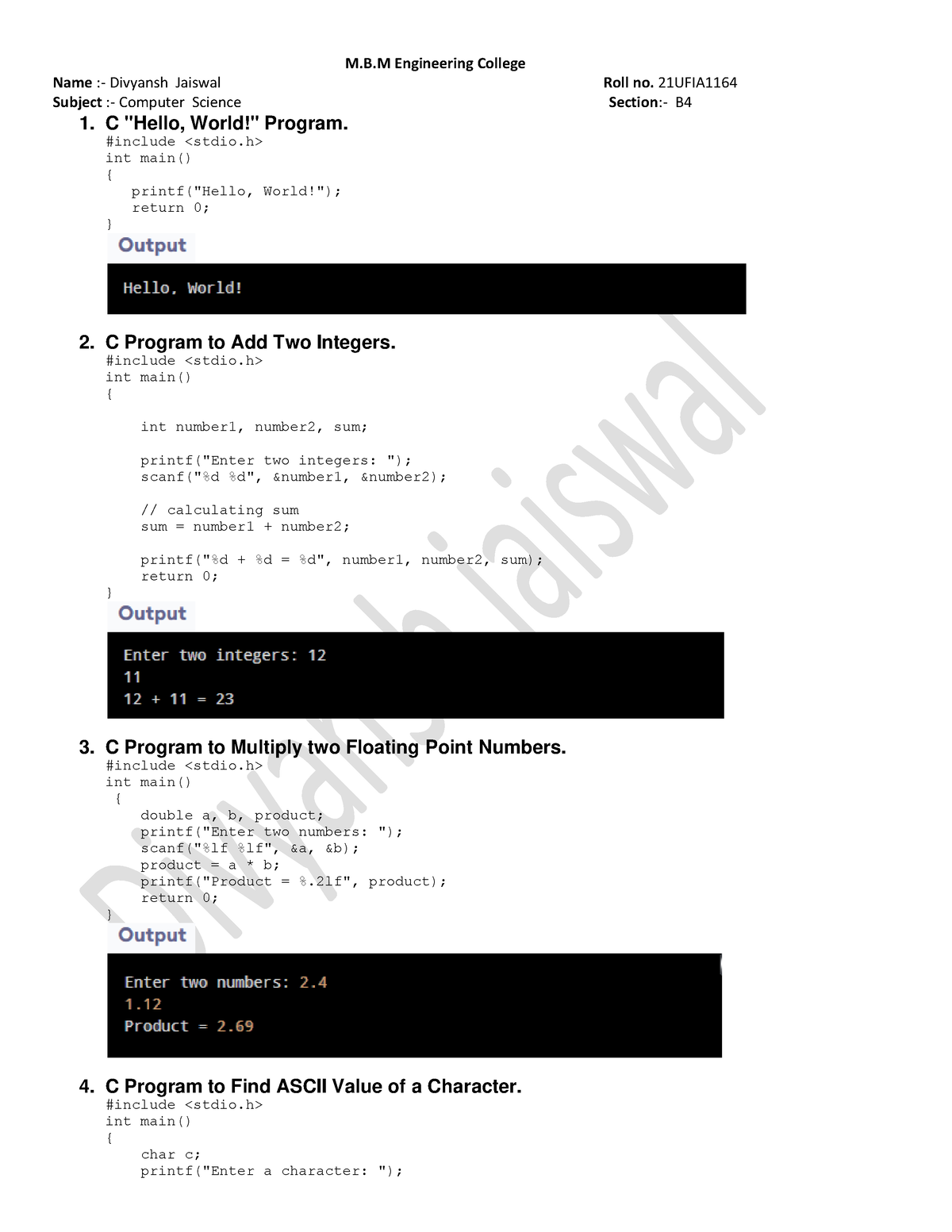 C Program to Find the Size of int, float, double and char