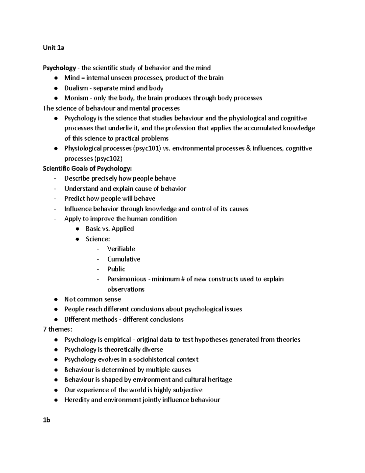 PSYC102 Unit 1 Notes - Unit 1a Psychology - the scientific study of ...