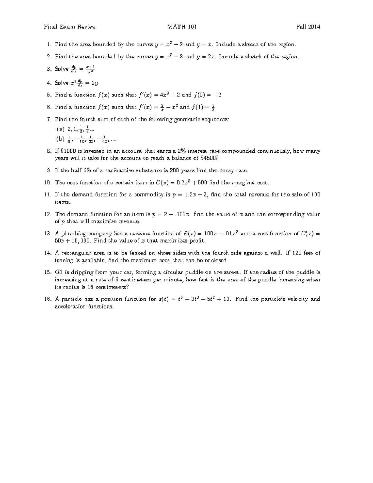 MATH 161 FEReview 2 - Summary Applied Calculus - Find the area bounded ...