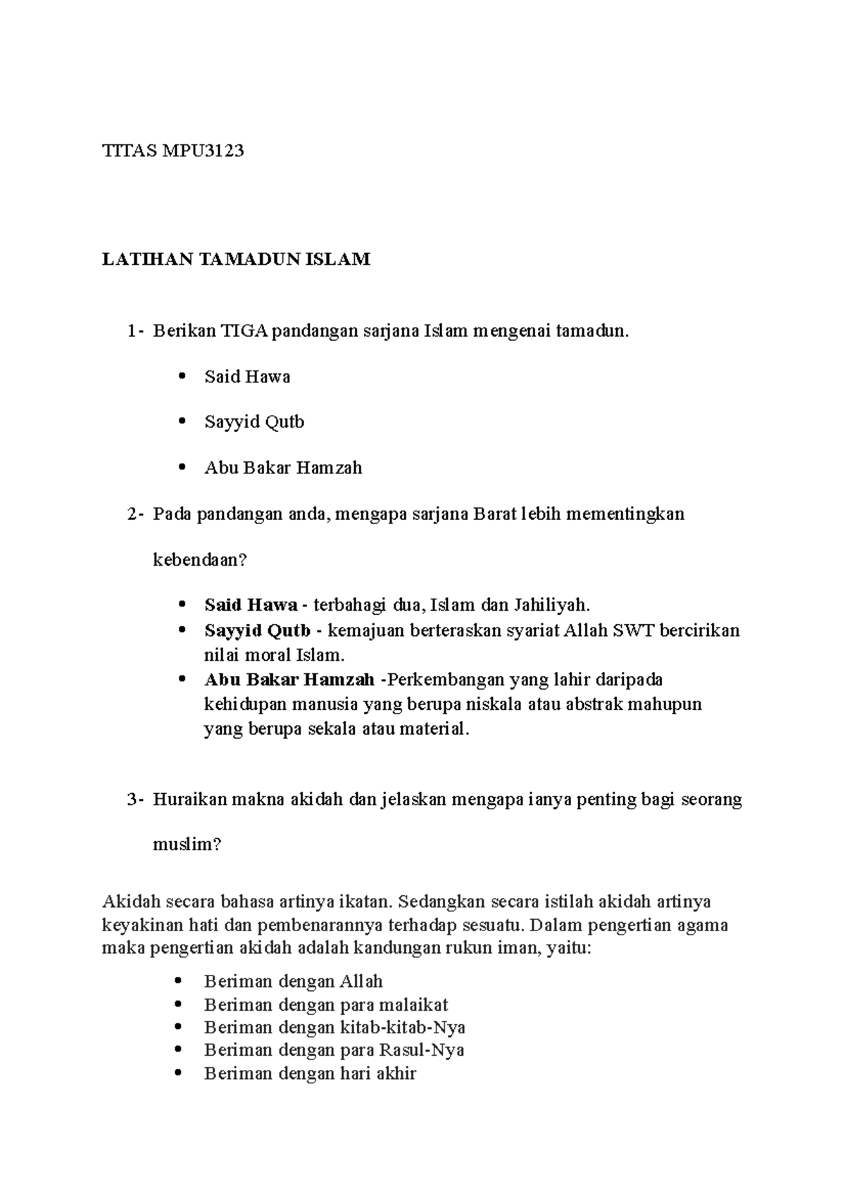 Latihan Bab 2 Jawapan - TITAS MPU LATIHAN TAMADUN ISLAM 1- Berikan TIGA ...