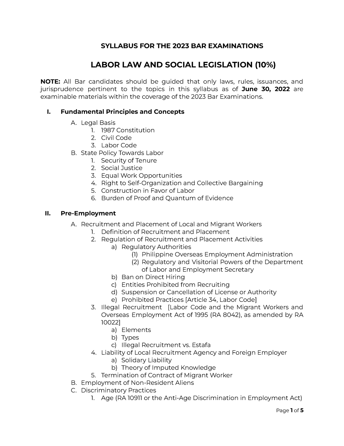 Labor Law 2023 Bar Syllabus SYLLABUS FOR THE 2023 BAR EXAMINATIONS