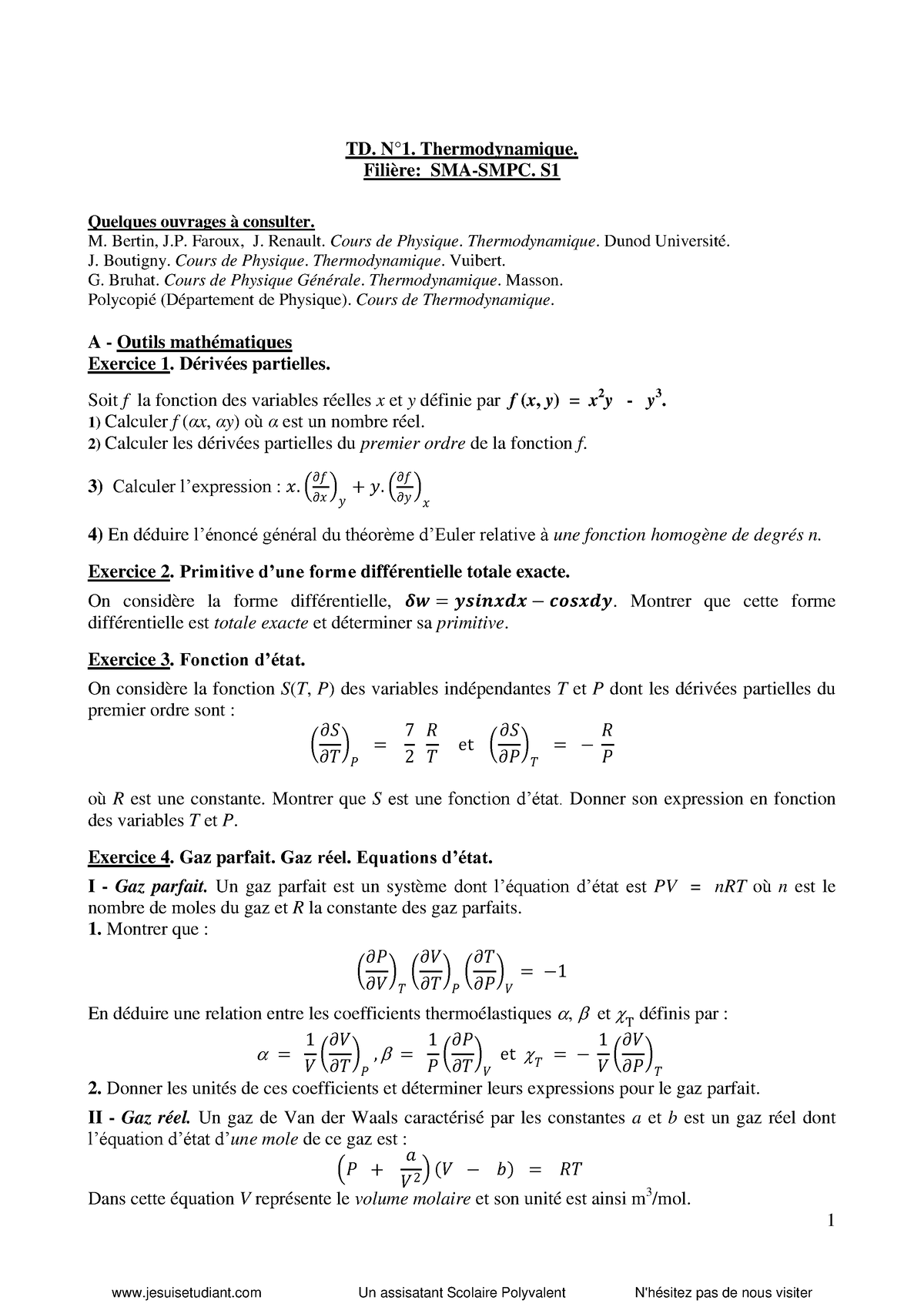 TD 1 Thermodynamique - 1 TD. N°1. Thermodynamique. Filière: SMA-SMPC. S ...