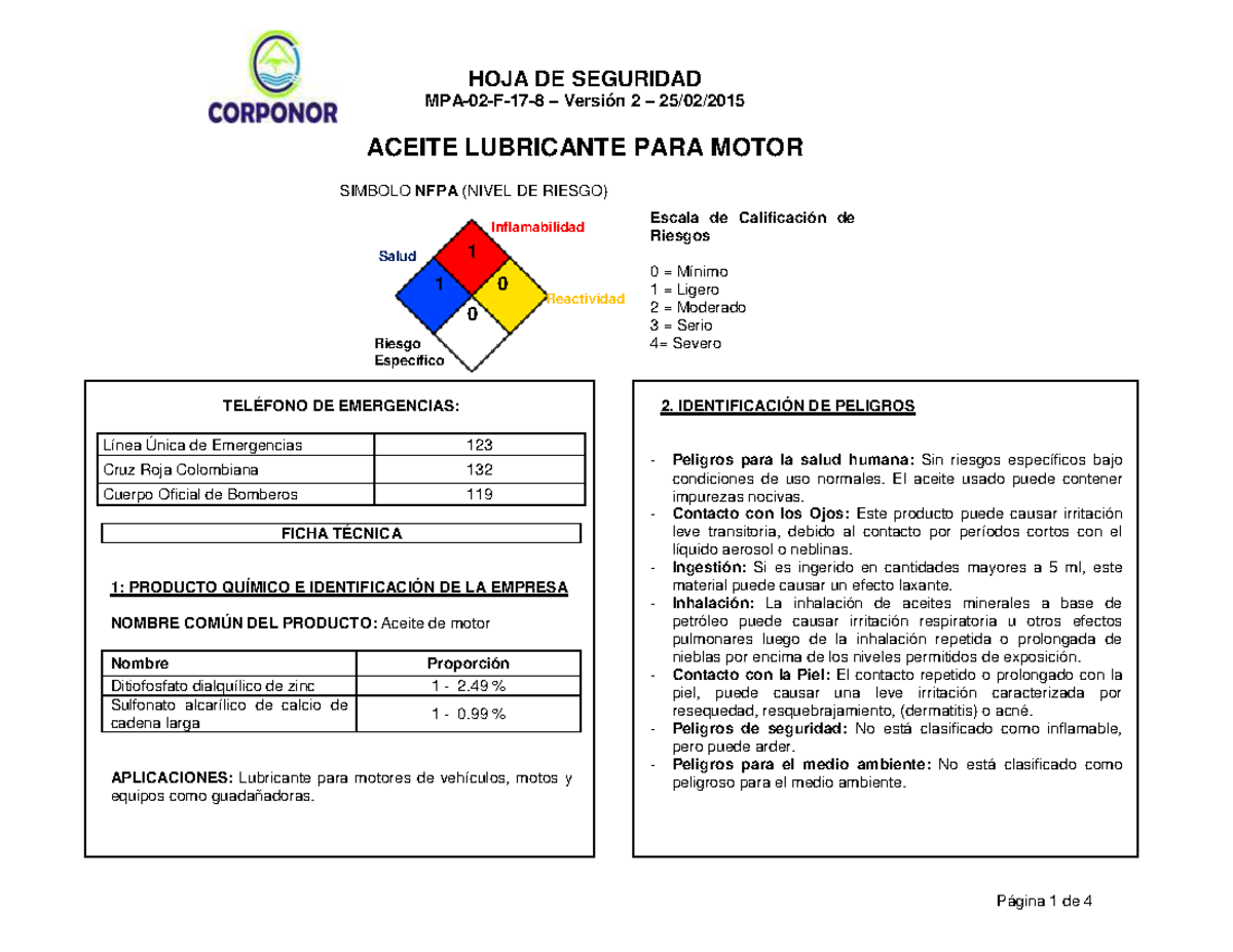 HOJA DE Seguridad Aceite Lubricante PARA - MPA-02-F-17-8 3 Versión 2 3